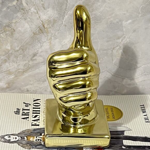 Ceramic Thumbs Up Sign Hand Sculpture Figurine Metallic Gold Tone Figural Decor - Picture 3 of 15